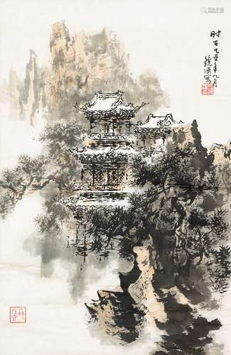 何镜涵(1923-2008) 山水楼阁 立轴 设色纸本