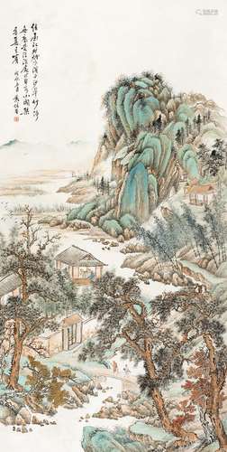 袁培基(1870-1943) 松山访友图 立轴 设色纸本