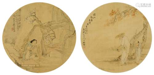 钱慧安(1833-1911)、孙瑞 人物二开 镜心 设色绢本