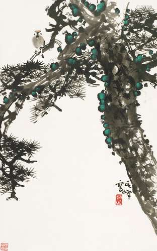 孙其峰(b.1920) 松树麻雀 立轴 设色纸本