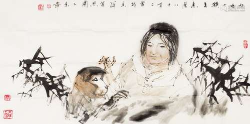 于志学(b.1935) 少女与猴王 镜心 设色纸本