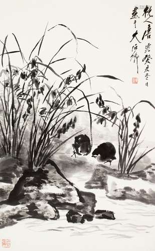 唐云(1910-1993) 兰花小鸡 立轴 水墨纸本