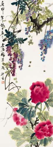 娄师白(1918-2010) 紫藤牡丹 立轴 设色纸本