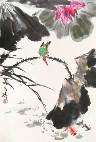 红荷翠鸟 绘画 镜片 纸本
