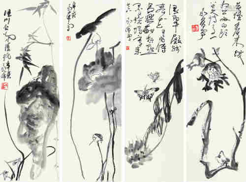 丁衍庸辛亥（1971年）作 水墨花鸟屏 立轴四屏 水墨纸本