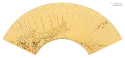 张宏己卯（1639年）作 罟渔图 扇面 设色金笺