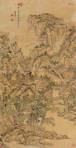 王原祁丁亥（1707年）作 仿黄公望山水 镜框 设色绢本