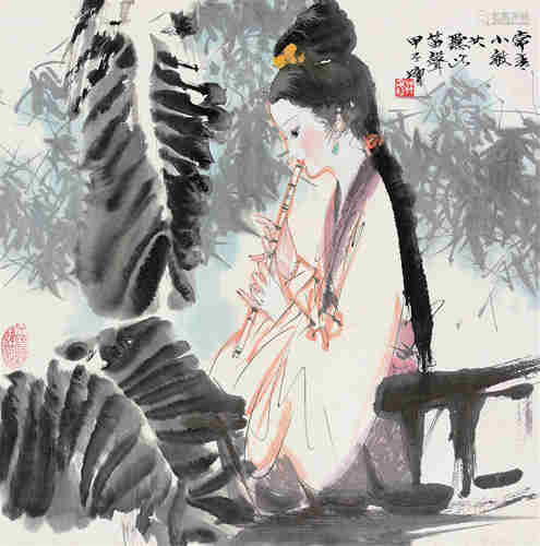 林墉甲子（1984年）作 蕉荫吹笛 立轴 设色纸本