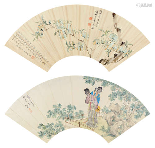 李葂丁观鹤癸丑（1793年）作 桃花 仕女 （两幅） 扇面 设色纸本