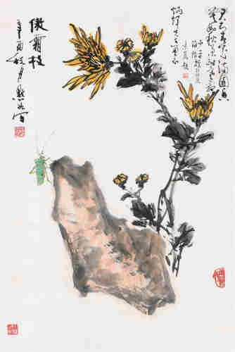 康默如辛酉（1981年）作 菊石草虫 镜心 设色纸本