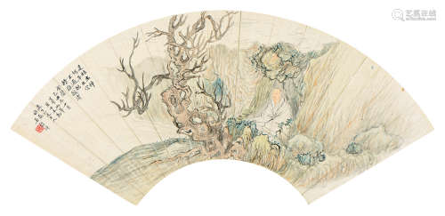 吴榖祥己丑（1889年）作 枯木坐禅图 扇面 设色纸本