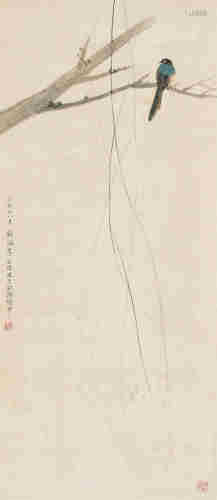 李秋君丁亥（1947年）作 柳雀图 立轴 设色纸本