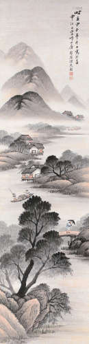 陈梓琴甲子（1924年）作 水乡雨景 立轴 设色纸本