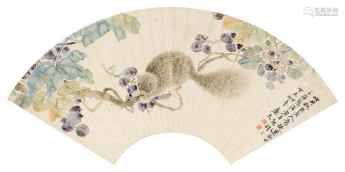 陆恢丁未（1907年）作 松鼠葡萄 立轴 设色纸本