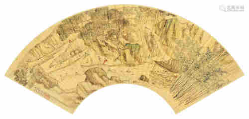 沈继祖戊戌（1598年）作 曲水流觞图 扇面 设色金笺