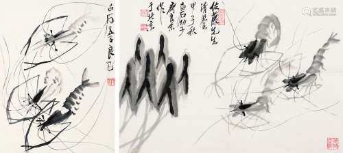 齐良己齐良末甲子（1984年）作 墨虾 （两幅） 镜心 水墨纸本
