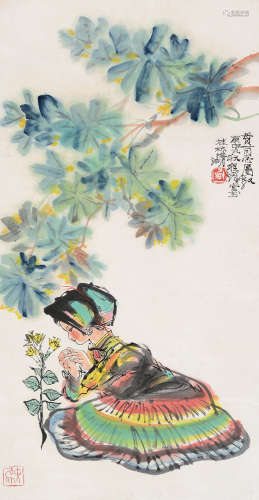 程十发庚申（1980年）作 花卉少女 镜心 设色纸本