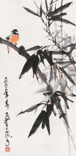 陈子毅癸丑（1973年）作 竹禽图 立轴 设色纸本