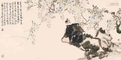 贾广健1999年作 紫藤小鸟 镜片 设色纸本