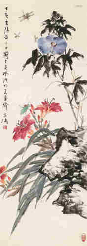 王雪涛1947年作 花卉草虫 立轴 设色纸本