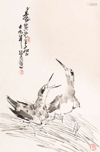 卢坤峰双禽 立轴 纸本水墨