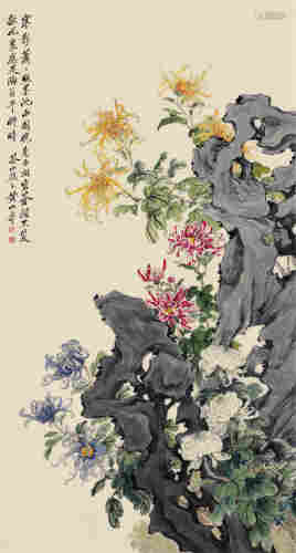 黄山寿  菊石图纸本立轴