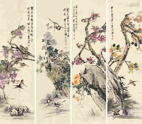 朱偁甲午（1894）年作 花鸟 四屏 立轴 设色纸本