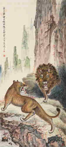 蔡鹤汀辛巳（1941）年作 双狮图 立轴 设色纸本