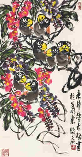 陈大羽庚申（1980）年作 花鸟 镜片 设色纸本