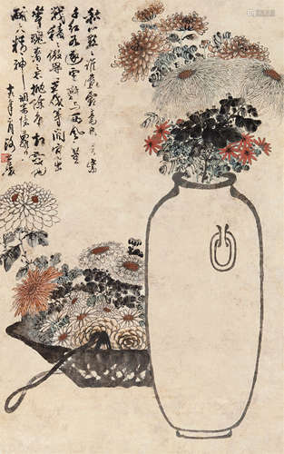 谢公展 1930年作 瓶菊图 立轴