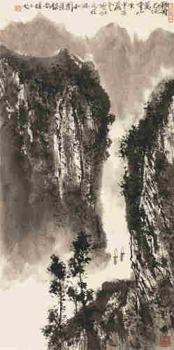 刘宝纯庚申（1980）年作 轻舟已过万重山 立轴 水墨纸本