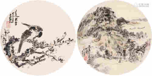 吴静山癸巳（2013）年作 秋山图 花鸟 （二帧） 镜片 设色纸本