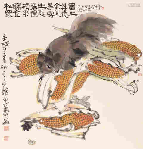 郑乃珖壬戌（1982）年作 松鼠窃食图 立轴 设色纸本