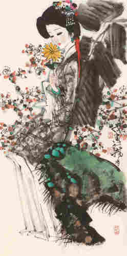 林墉戊寅（1998）年作 赏秋图 镜片 设色纸本