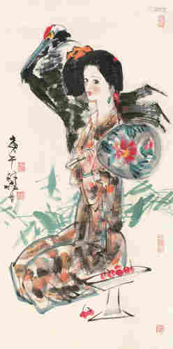 林墉庚午（1990）年作 竹鹤仕女 立轴 设色纸本