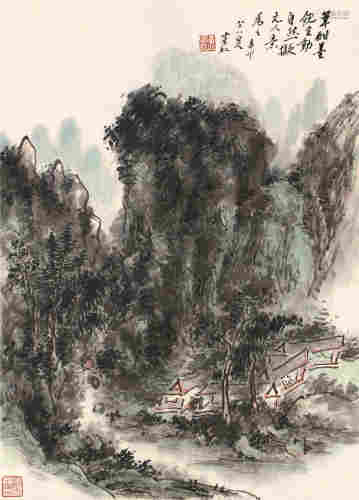 黄宾虹辛卯（1951）年作 山水拟元人意 立轴 设色纸本