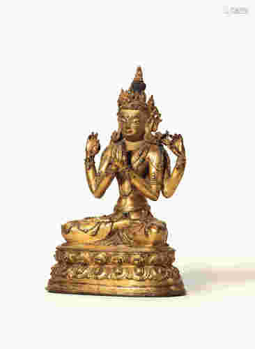 15世纪 西藏 铸铜鎏金四臂观音坐像