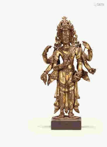16世纪 尼泊尔 铸铜鎏金不空罥索观音站像 