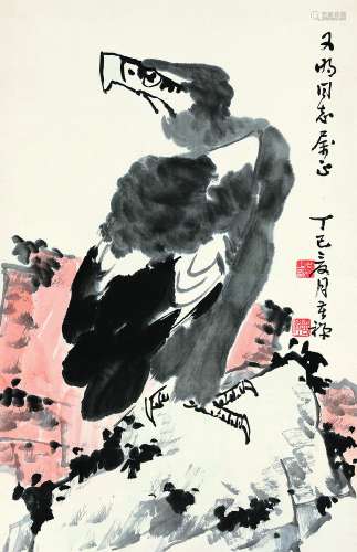 李苦禅 丁巳（1977年）作 鹰石图 立轴 纸本