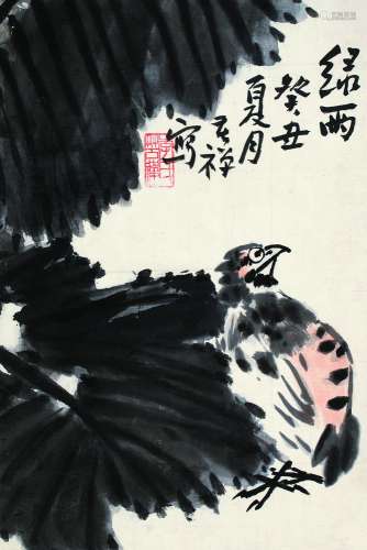 李苦禅 癸丑（1973年）作 绿雨 立轴 纸本