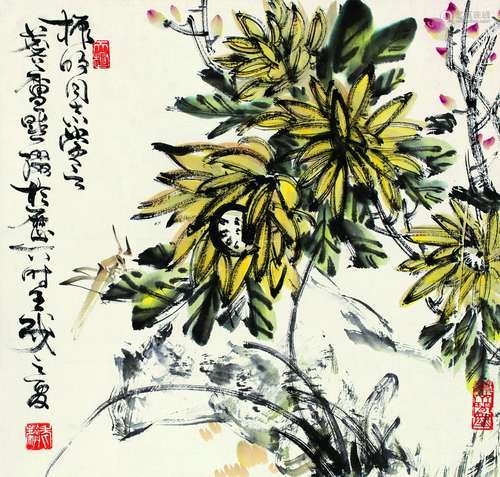 许麟庐 壬戌（1982年）作 菊花蚂蚱 立轴 纸本