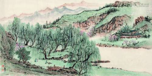 吴一峰 丙戌（1946年）作 柳阴放舟 镜心 纸本