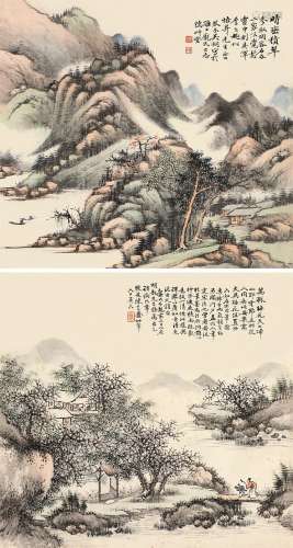 吴琴木 陈光豫 乙丑（1925）年作 晴峦积翠 寻梅访友 立轴 设色纸本