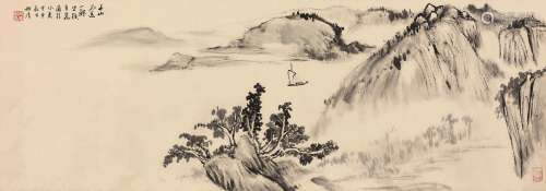 钱瘦铁 甲申（1944）年作 秋山帆影 镜片 水墨纸本
