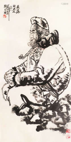 刘文西 1998年作 黄土地的老人 镜框 水墨纸本