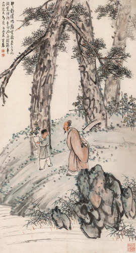 王震 乙丑（1925）年作 松荫赏菊图 立轴 设色纸本