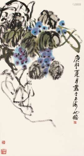 朱屺瞻 庚申（1980）年作 葡萄 立轴 设色纸本