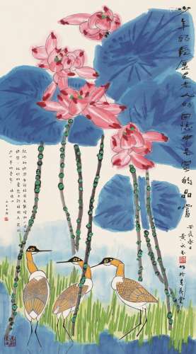 黄永玉 壬辰（2012年作） 荷塘水鸟 镜片 设色纸本