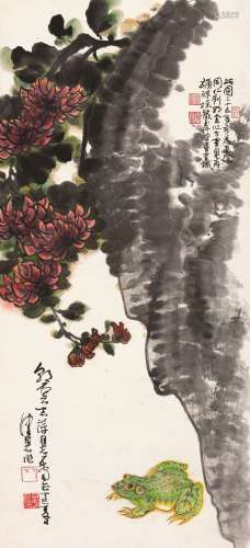 陈佩秋 丁巳（1977年作） 木棉青蛙 立轴 设色纸本