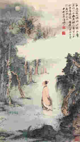 陆俨少 甲午（1954）年作 唐人诗意图 镜框 设色纸本